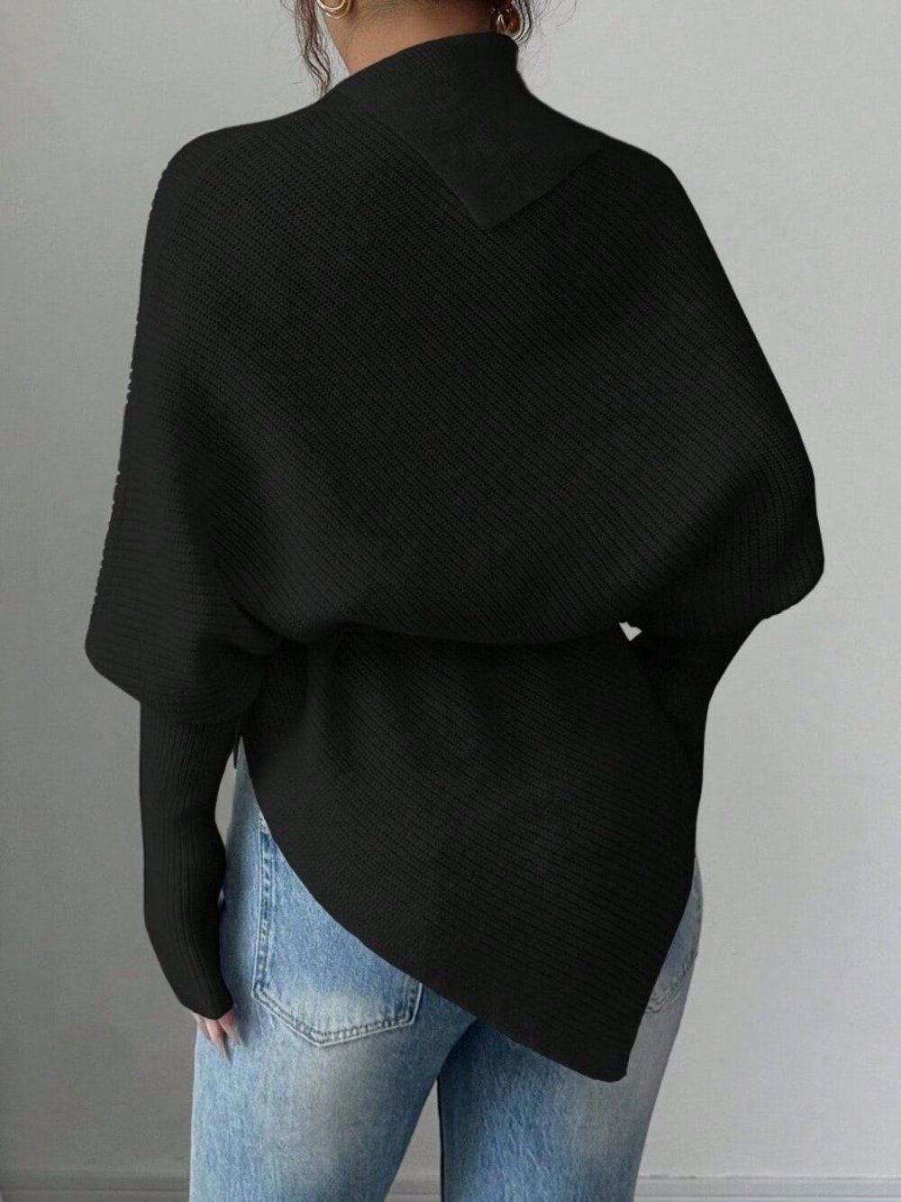 Black Casual Women's High Neck Batwing Sleeve Asymmetrical Hem Sweater - Picture 2 of 5